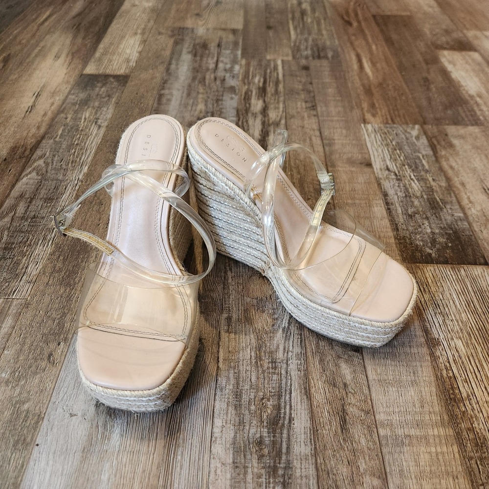 ASOS DESIGN Clear Strap Espadrille Wedge Sandals 9 Beige Platform Square Toe 5in